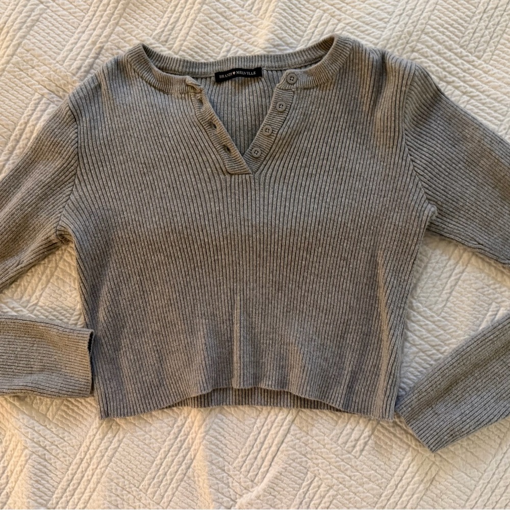 Brandy Melville Gray Ribbed Long Sleeve knit button Top